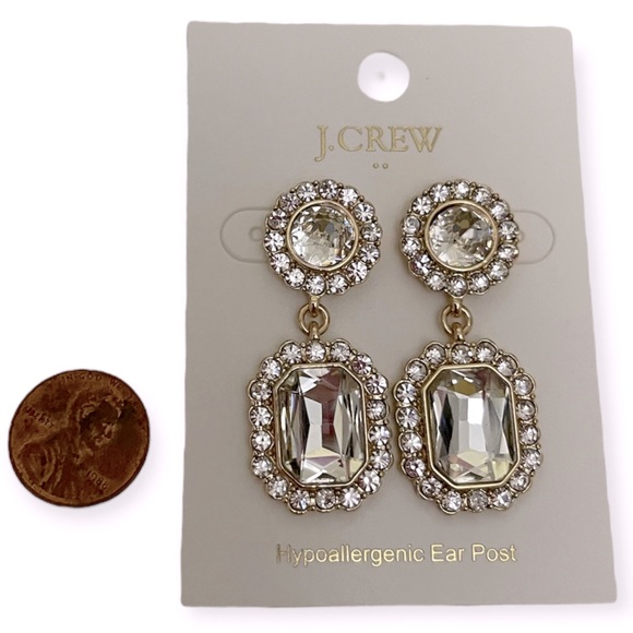 J. CREW Crystal Drop Earrings Gold Plated Emerald Cut Crystal Pierced Push Back - Picture 4 of 6